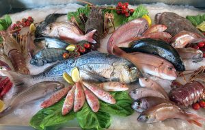 great white sea bream many saltwater fish fresh in the fridge of the seafood restaurant in southern Italy